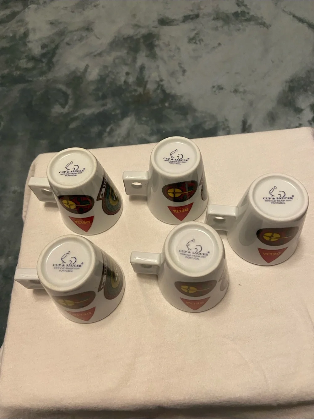Delta White Espresso Cup and Saucer Set with Colorful Badge Accents - 5Pc